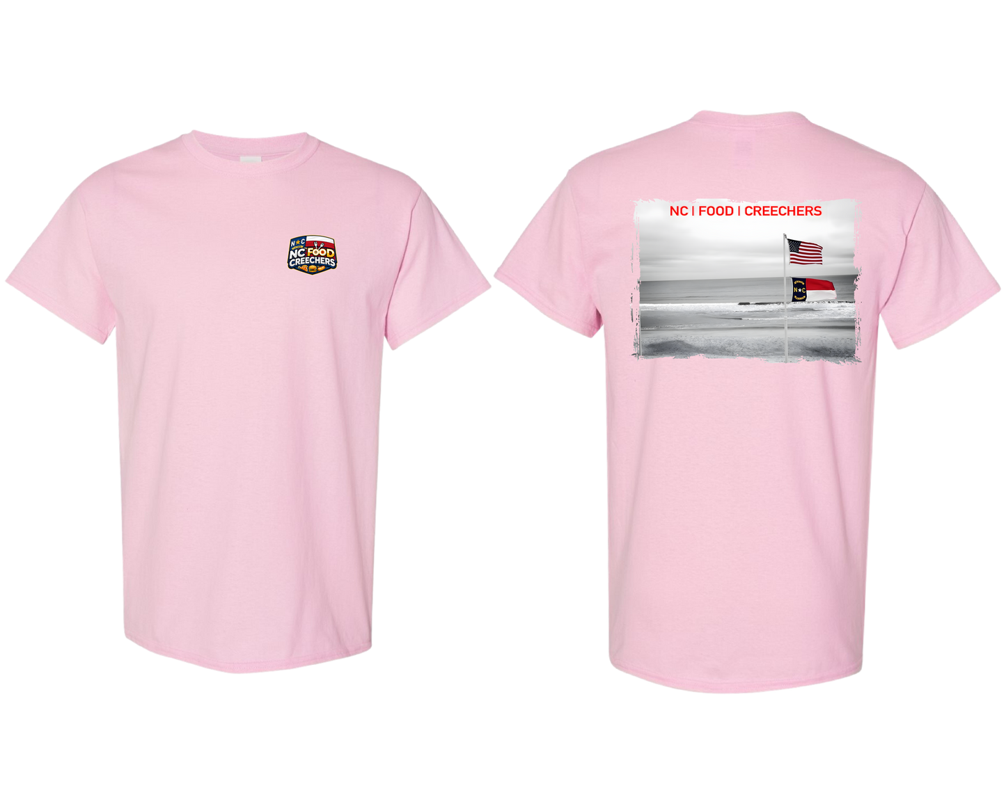 Pink t-shirt with graphic design on the front and back on a white background