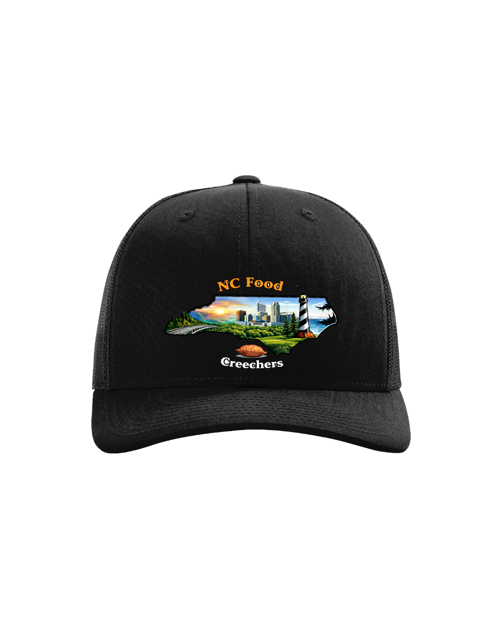 Black cap with a colorful graphic and text on a white background
