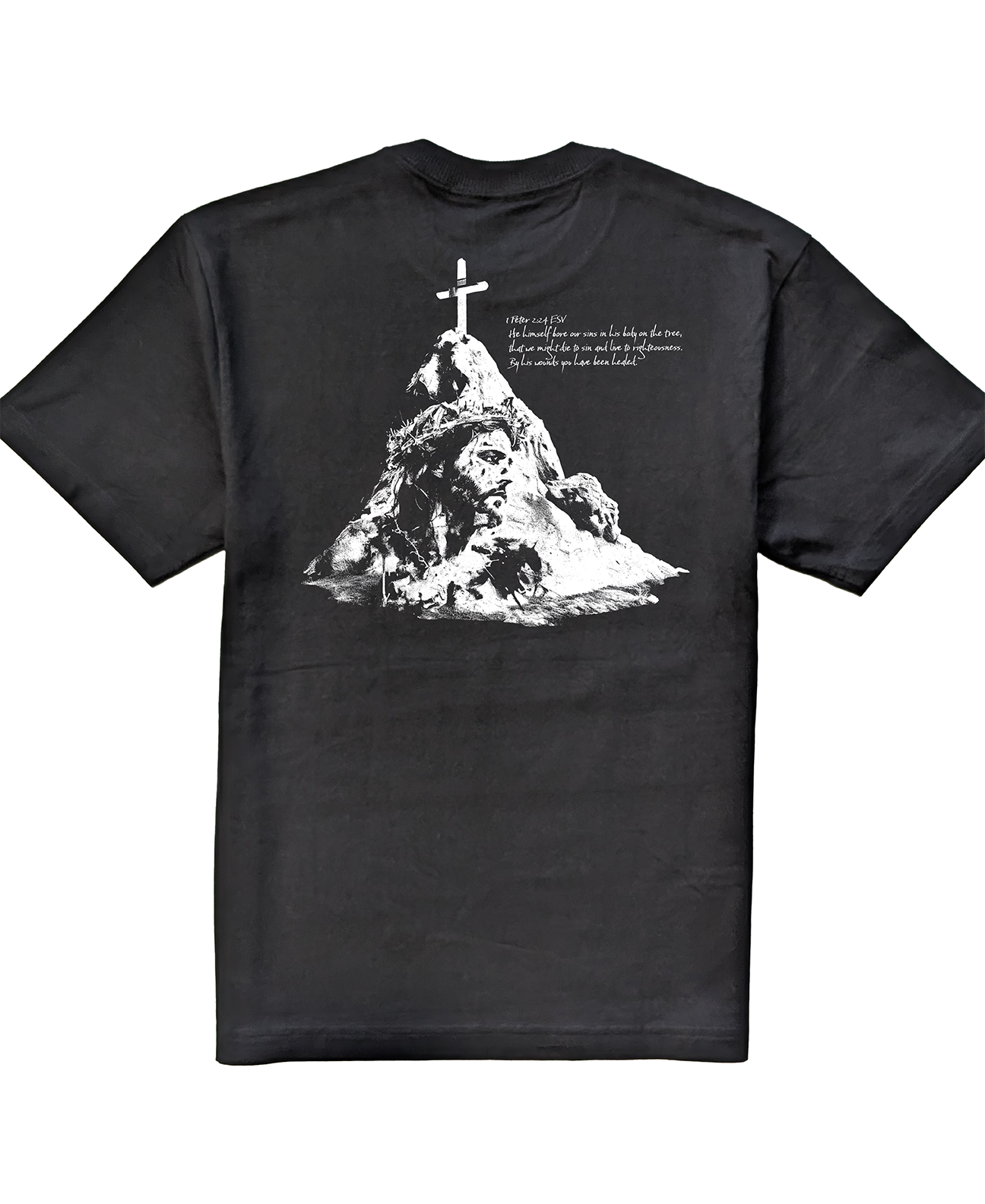 Black t-shirt with a graphic design of a mountain and cross on a white background