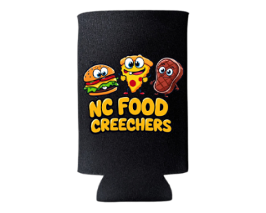 Black can cooler with cartoon food characters and 'NC Food Creechers' text on a white background