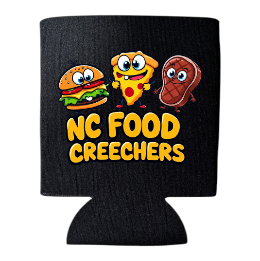Black can cooler with cartoon food characters and 'NC Food Creechers' text