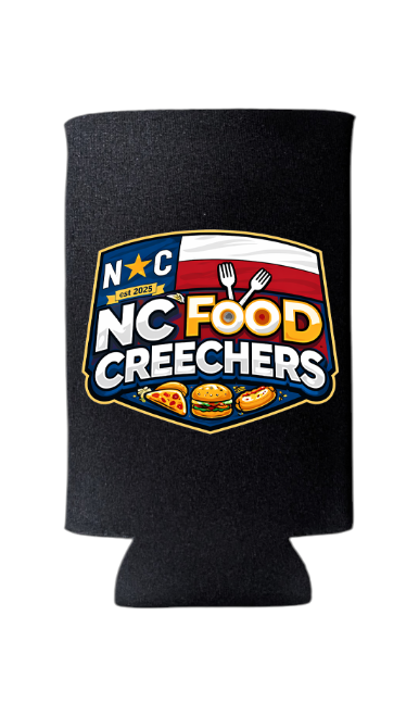 Black can cooler with NC Food Creechers logo featuring a colorful design.