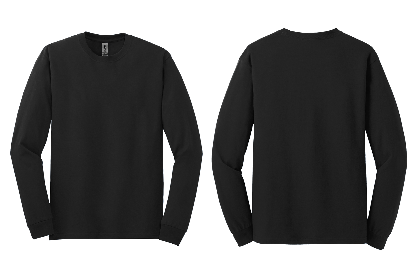Black long-sleeve shirt shown from front and back on a white background