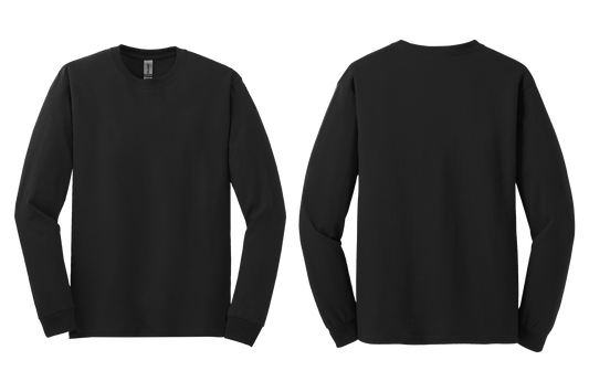 Black long-sleeve shirt shown from front and back on a white background