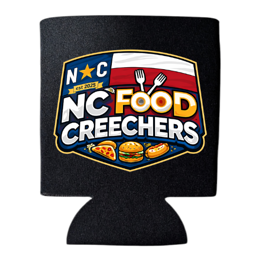 Black can cooler with 'NC Food Creechers' logo featuring food icons and a flag design.