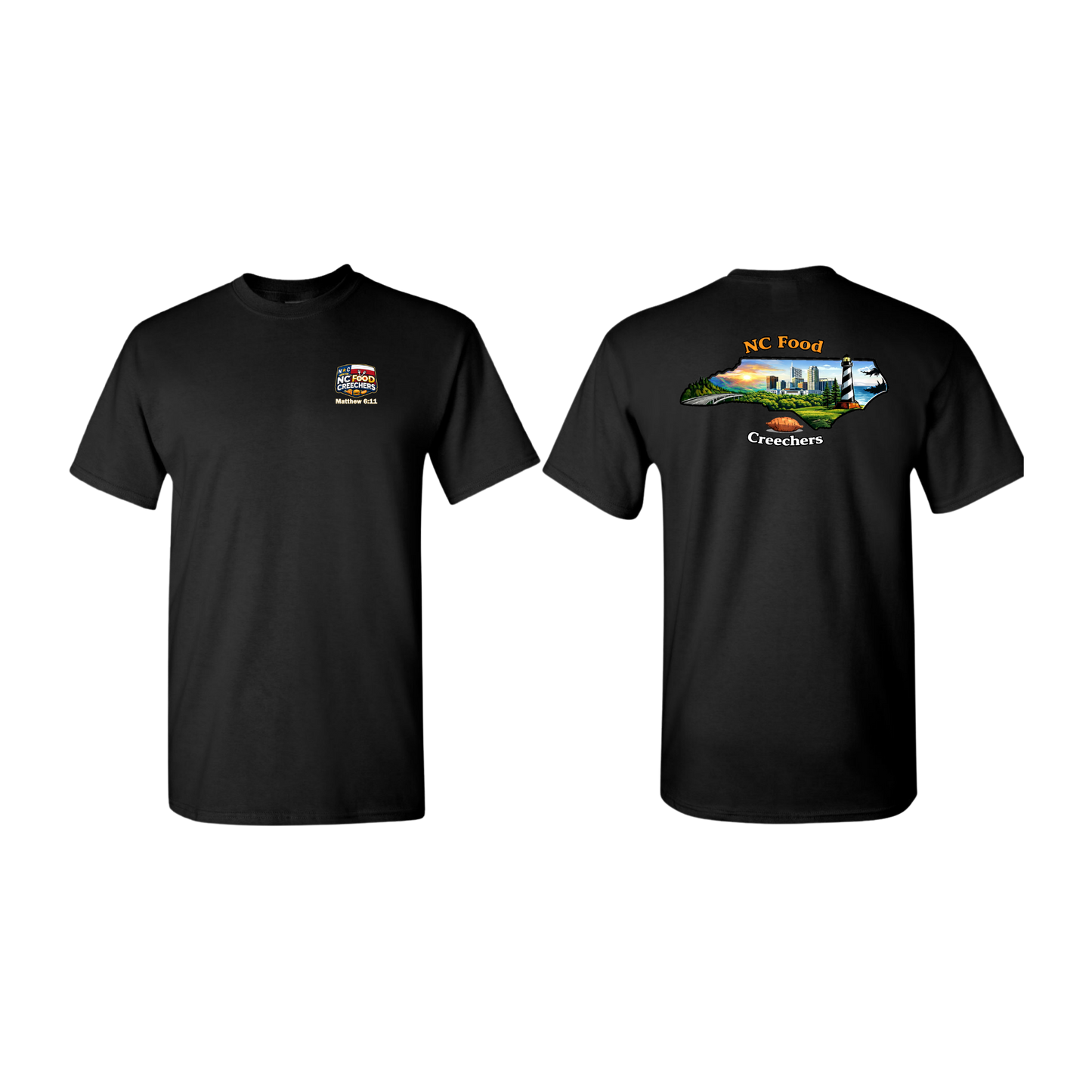Black t-shirt with graphics on the front and back on a white background