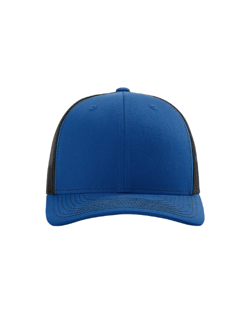 Royal Blue and black trucker cap on a white background