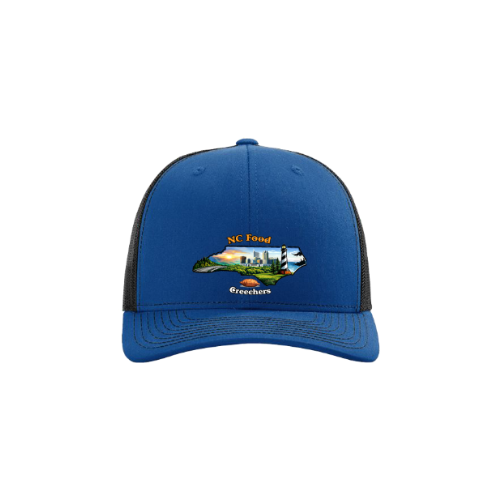 Blue cap with a scenic design and text on a white background