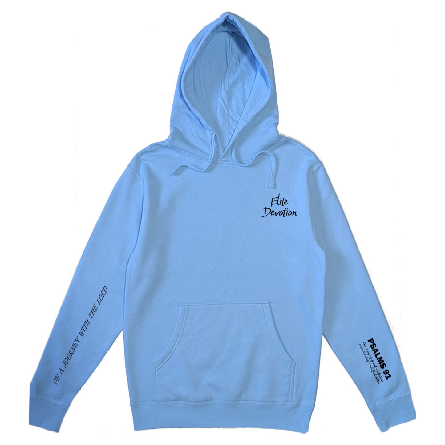 Carolina blue hoodie with text on sleeves against a white background