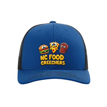 Blue cap with 'NC Food Creechers' text and cartoon food characters on a white background