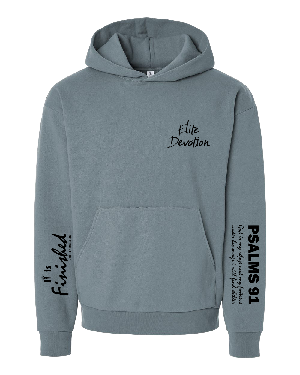 A slate blue-gray pullover hoodie with black text graphics printed on the chest, left sleeve, and right sleeve, displayed against a solid white background.