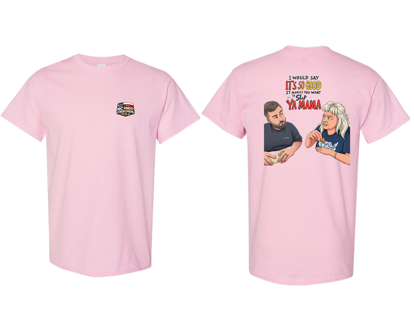 Pink t-shirt with graphic design on the front and text on the back, displayed on a white background.