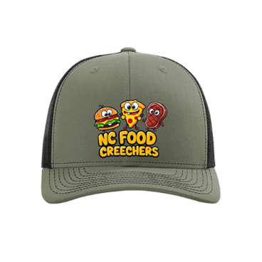 Green cap with 'NC Food Creechers' design featuring cartoon food characters on a white background