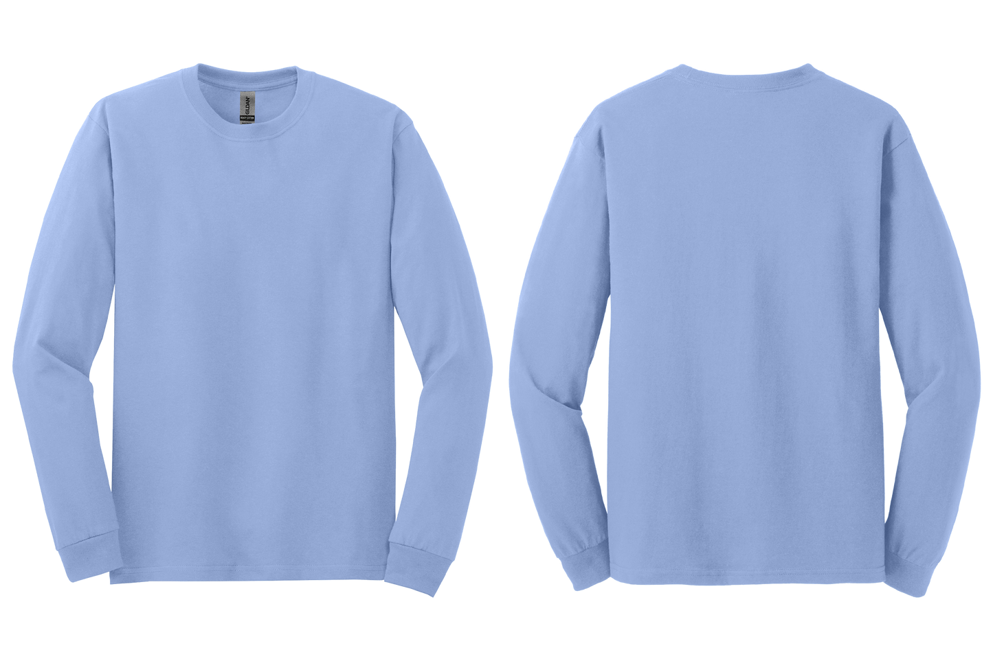 Carolina blue long-sleeve shirt shown from front and back on a transparent background