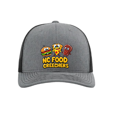 Gray cap with 'NC Food Creechers' logo featuring cartoon food items on a white background