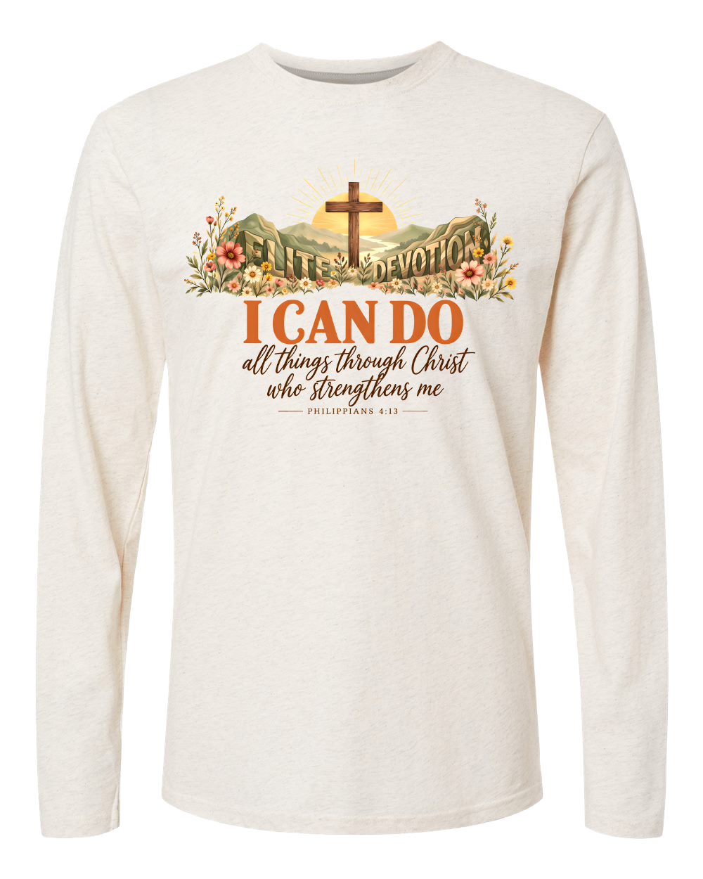 An off-white long-sleeve t-shirt with a graphic print on the chest. The graphic features a cross on a mountain with a rising sun, surrounded by flowers, and the text 'I CAN DO all things through Christ who Strengthens me PHILIPPIANS 4:13'.