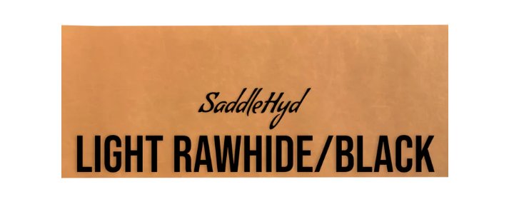 SaddleHyd leather sample with 'Light Rawhide/Black' text on a brown background