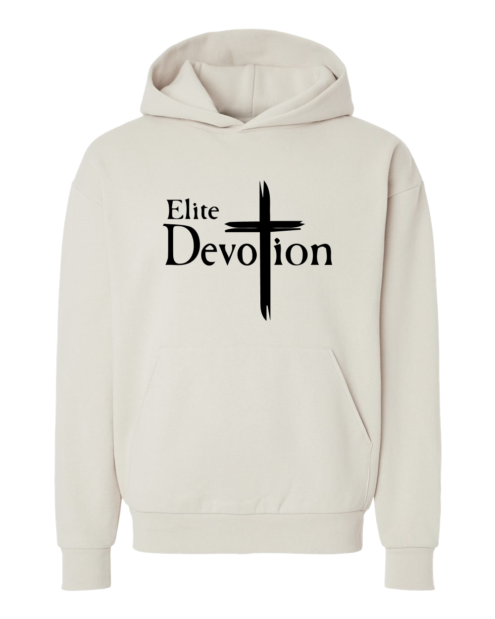 An off-white pullover hoodie with a black graphic on the chest reading 'Elite Devotion' next to a stylized cross, displayed on a solid white background.