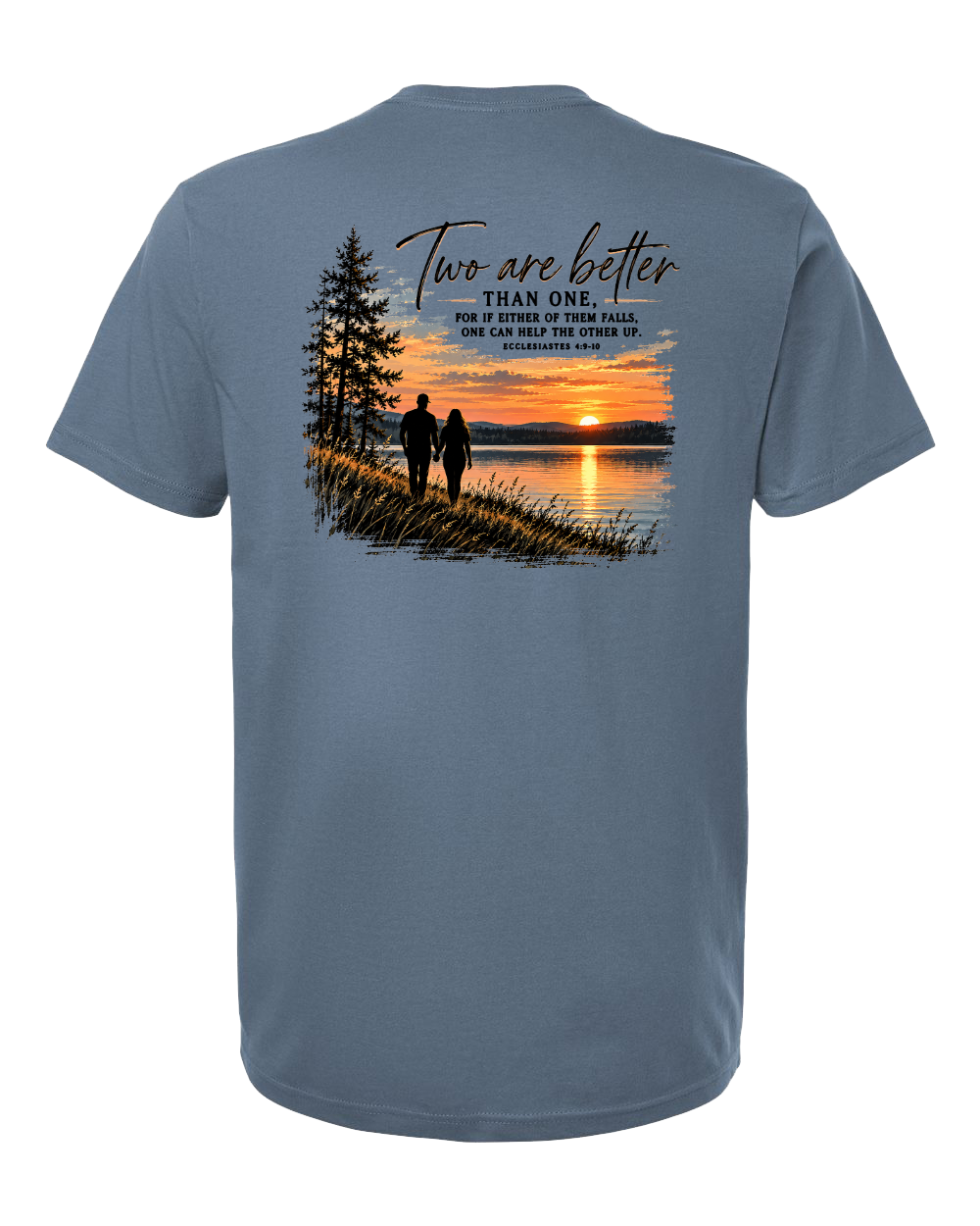 A grey crewneck t-shirt shown from the back, featuring a large graphic print of a couple walking by a lake at sunset with the text 'Two are better than one'.