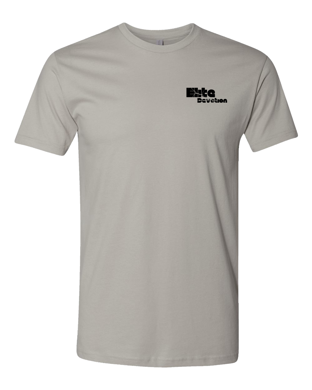 A light gray crewneck t-shirt with a small black graphic on the left chest reading 'Elite Devotion'
