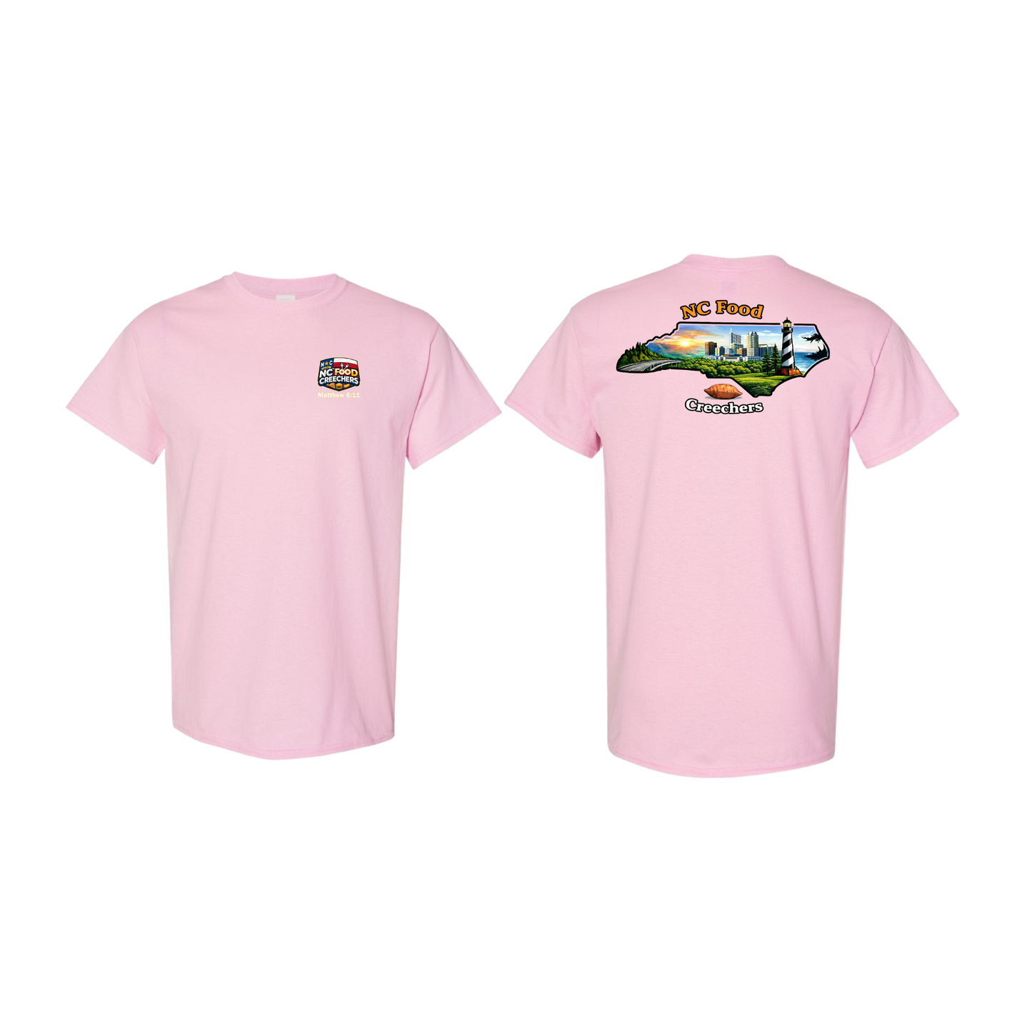 Pink t-shirt with graphics on the front and back on a white background