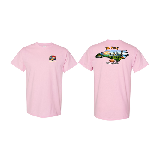 Pink t-shirt with graphics on the front and back on a white background