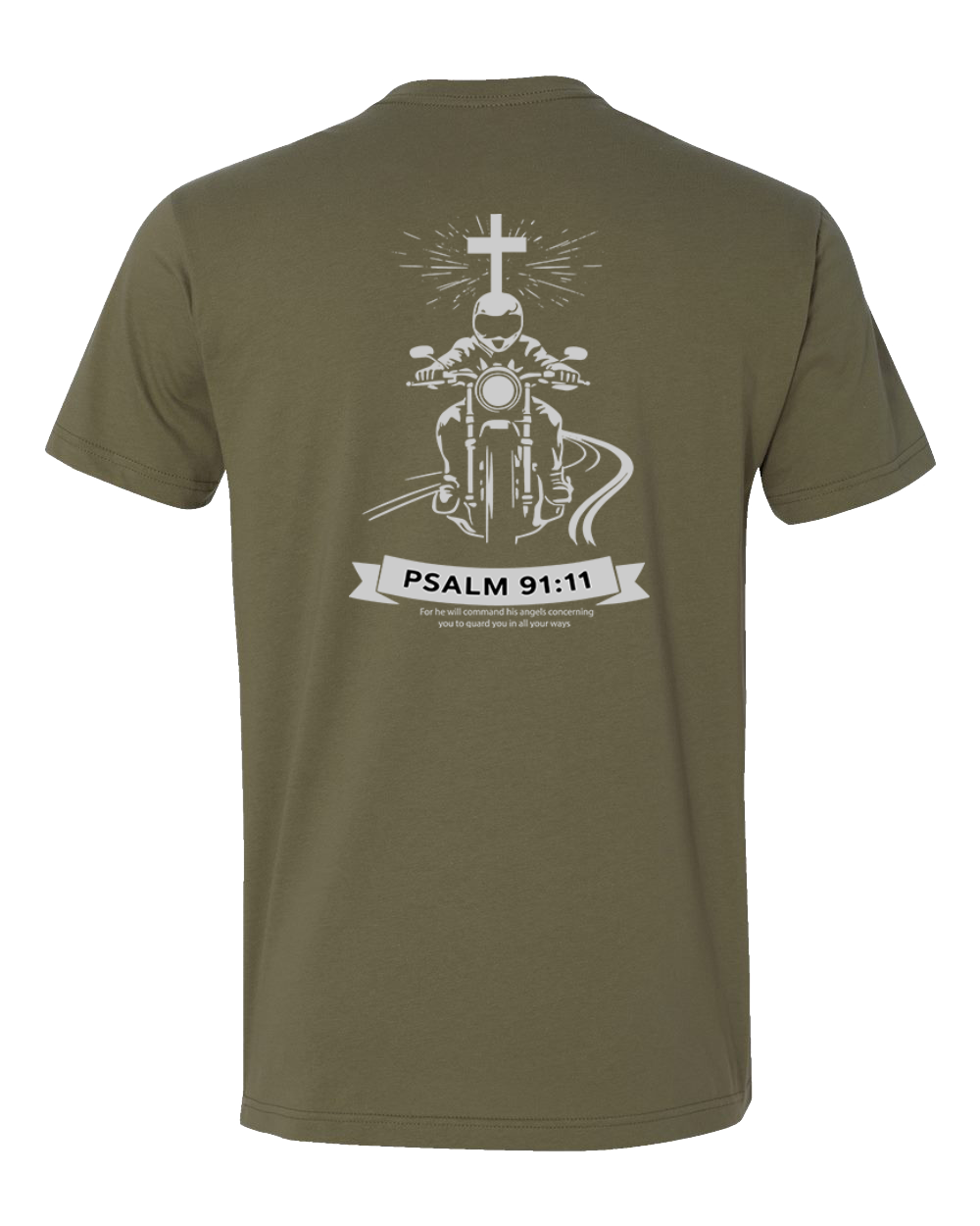 An olive green short-sleeve t-shirt shown from the back, featuring a white graphic print of a motorcycle rider under a cross with the text 'PSALM 91:11' on a banner below.