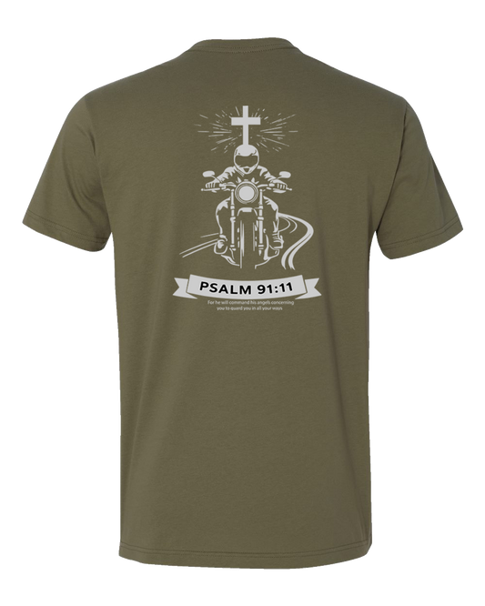 An olive green short-sleeve t-shirt shown from the back, featuring a white graphic print of a motorcycle rider under a cross with the text 'PSALM 91:11' on a banner below.