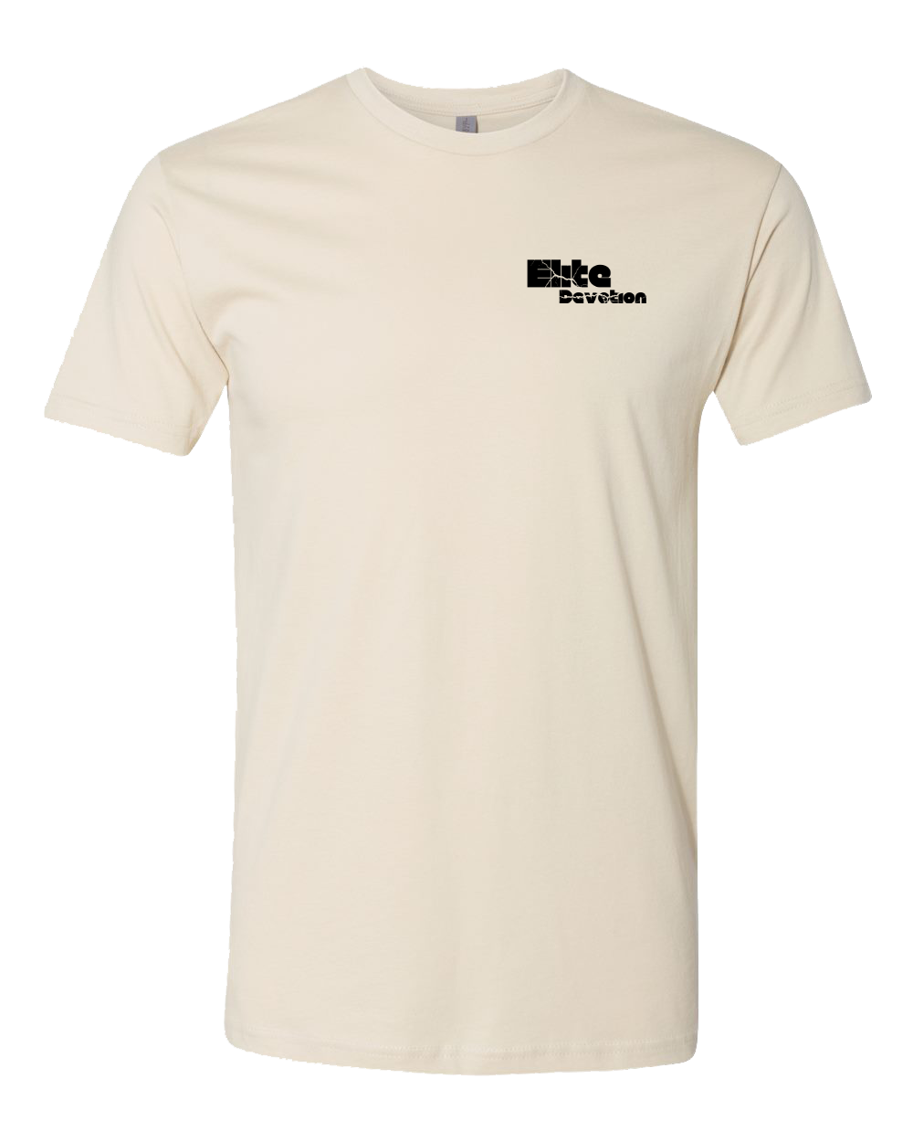 A cream colored crewneck t-shirt with a small black graphic on the left chest reading 'Elite Devotion'