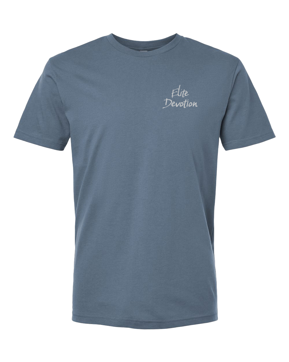 A slate blue crewneck t-shirt with 'Elite Devotion' printed in white cursive text on the left chest, displayed on a clean white background.
