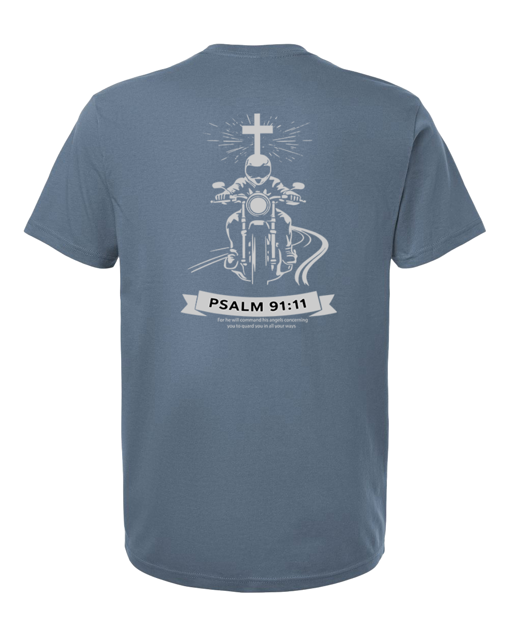 A slate blue short-sleeve t-shirt shown from the back, featuring a white graphic of a motorcycle with a cross and the text 'PSALM 91:11' printed on the back.