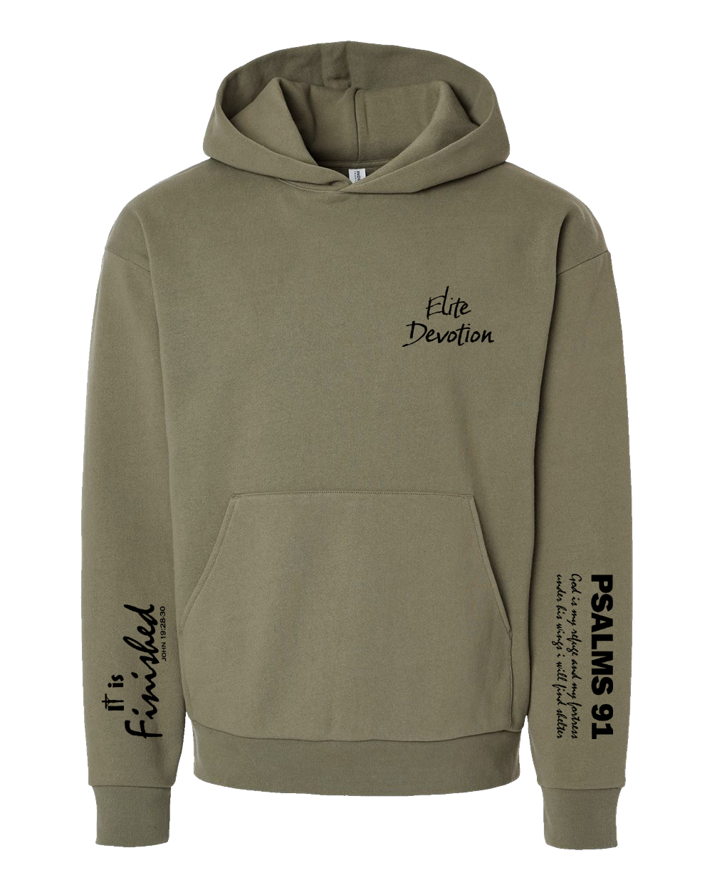 An olive green pullover hoodie with black text graphics printed on the chest and both sleeves, displayed against a solid white background.