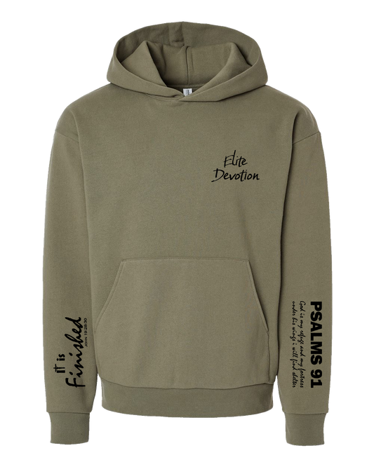 An olive green pullover hoodie with black text graphics printed on the chest and both sleeves, displayed against a solid white background.