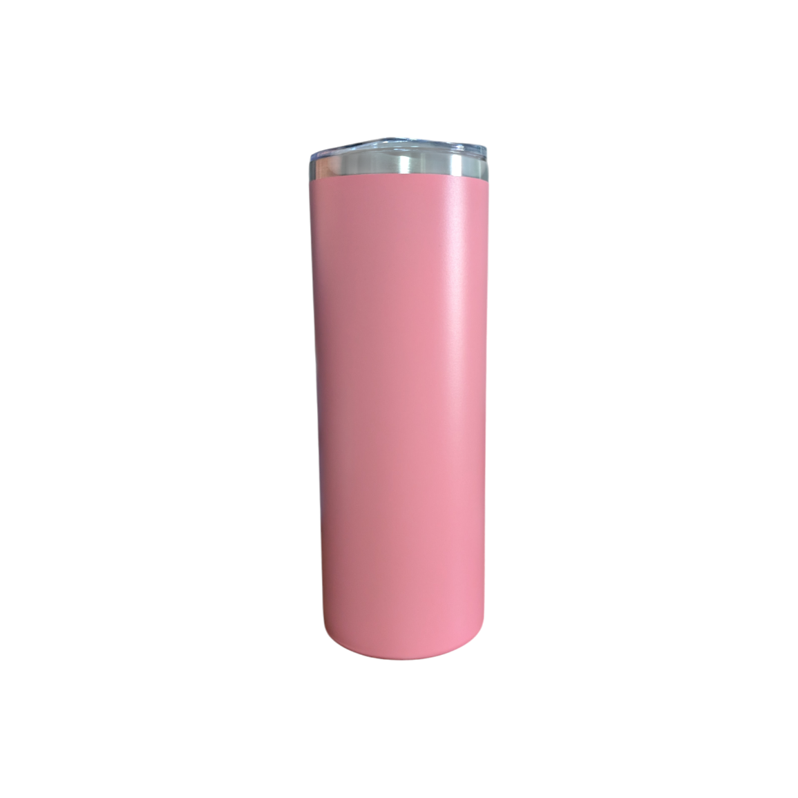Pink tumbler with a silver lid on a white background
