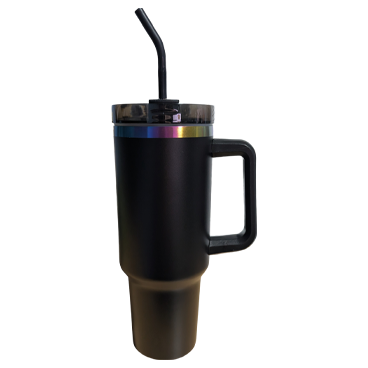 Black tumbler with a rainbow-colored lid on a white background