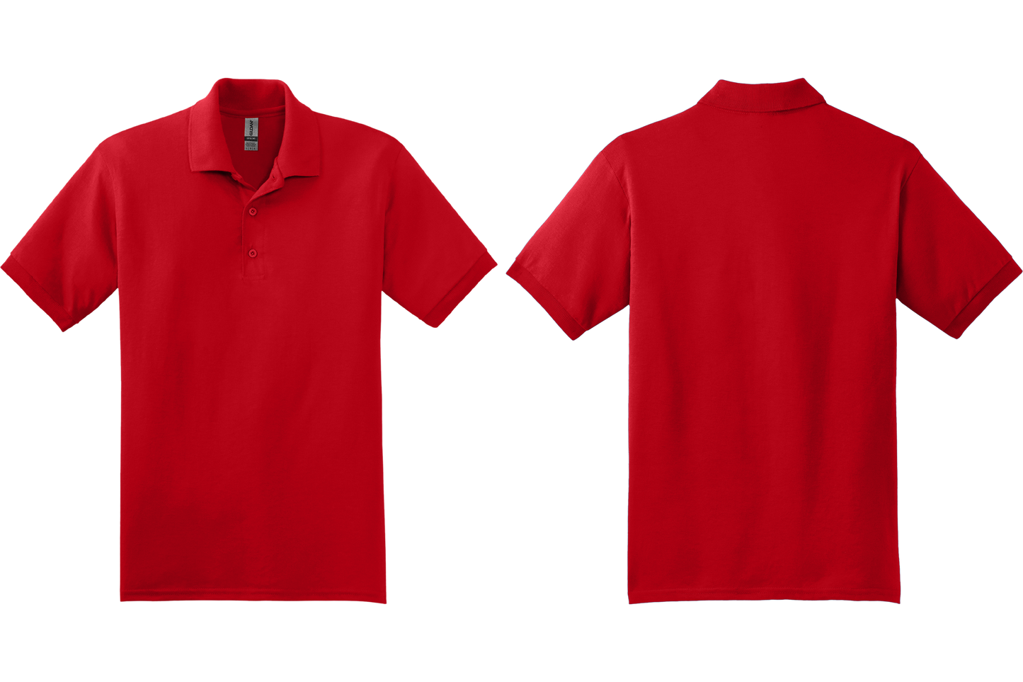 Red polo shirt shown from front and back on a white background