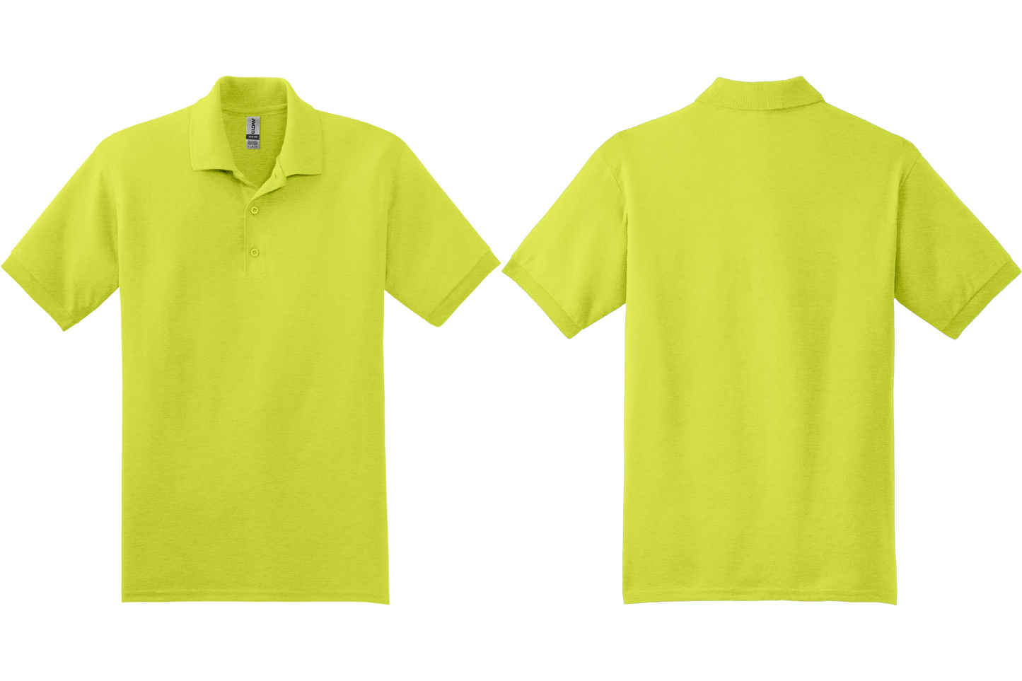 Safety green polo shirt shown from front and back on a white background
