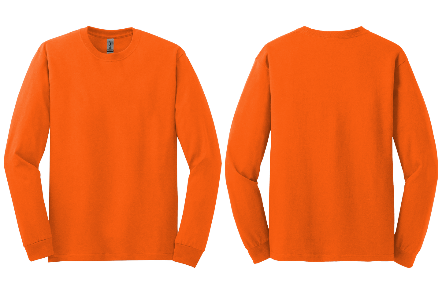 Safety orange long-sleeve shirt shown from front and back on a transparent background