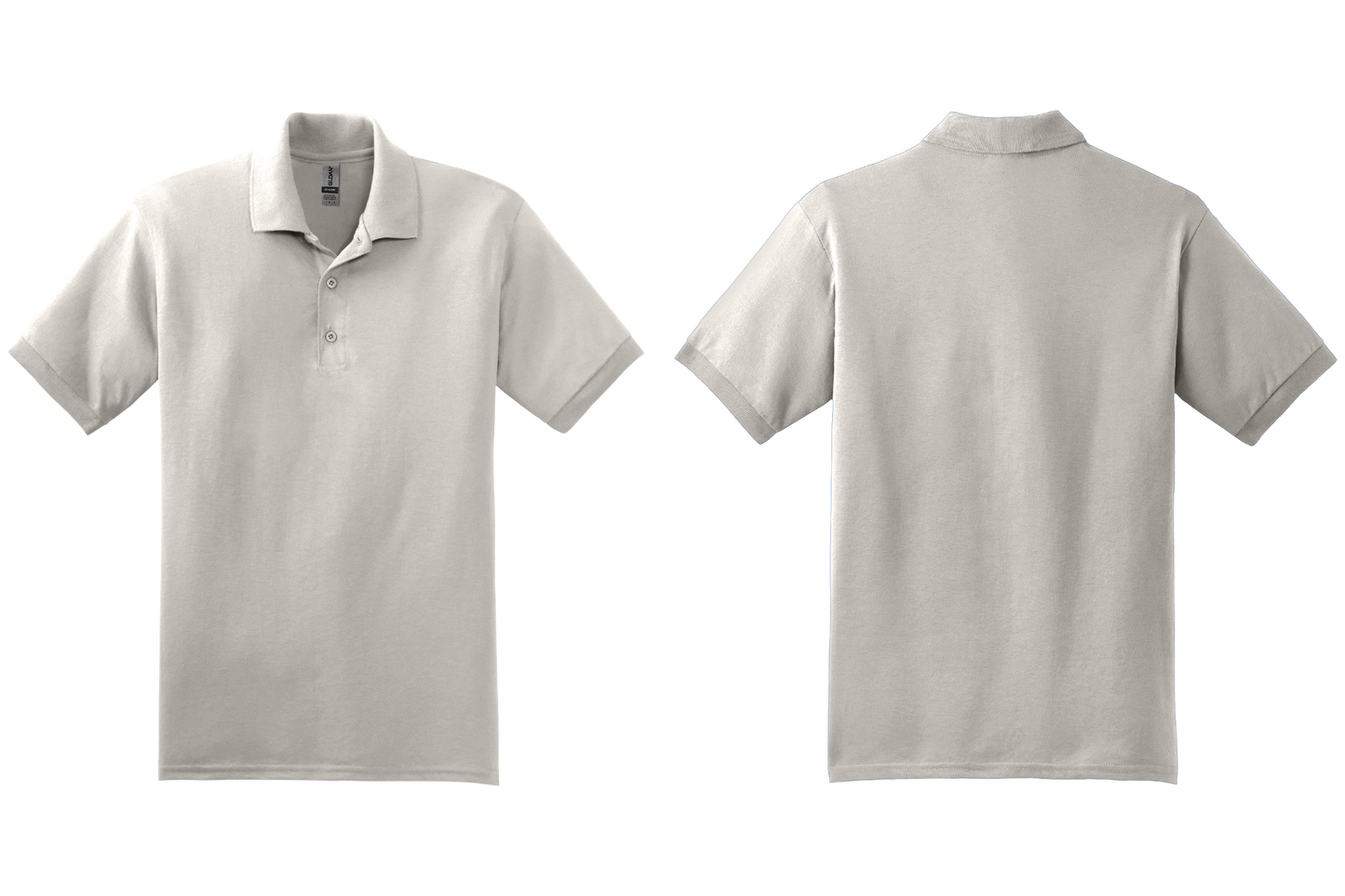 Sand colored polo shirt shown from front and back on a white background