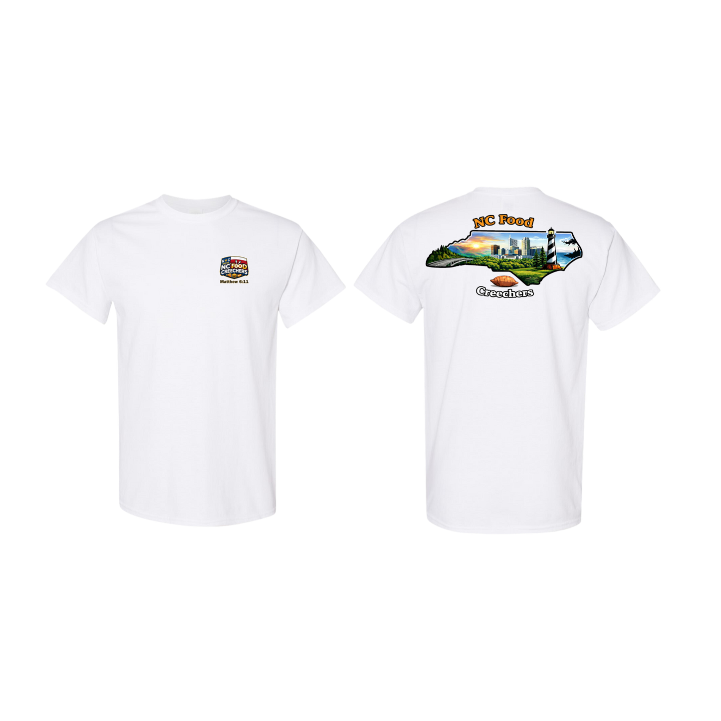 White t-shirt with scenic graphic on a white background
